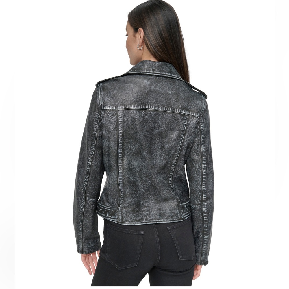 DKNY Jeans Charcoal Leather Moto Jacket - Picture 2 of 16